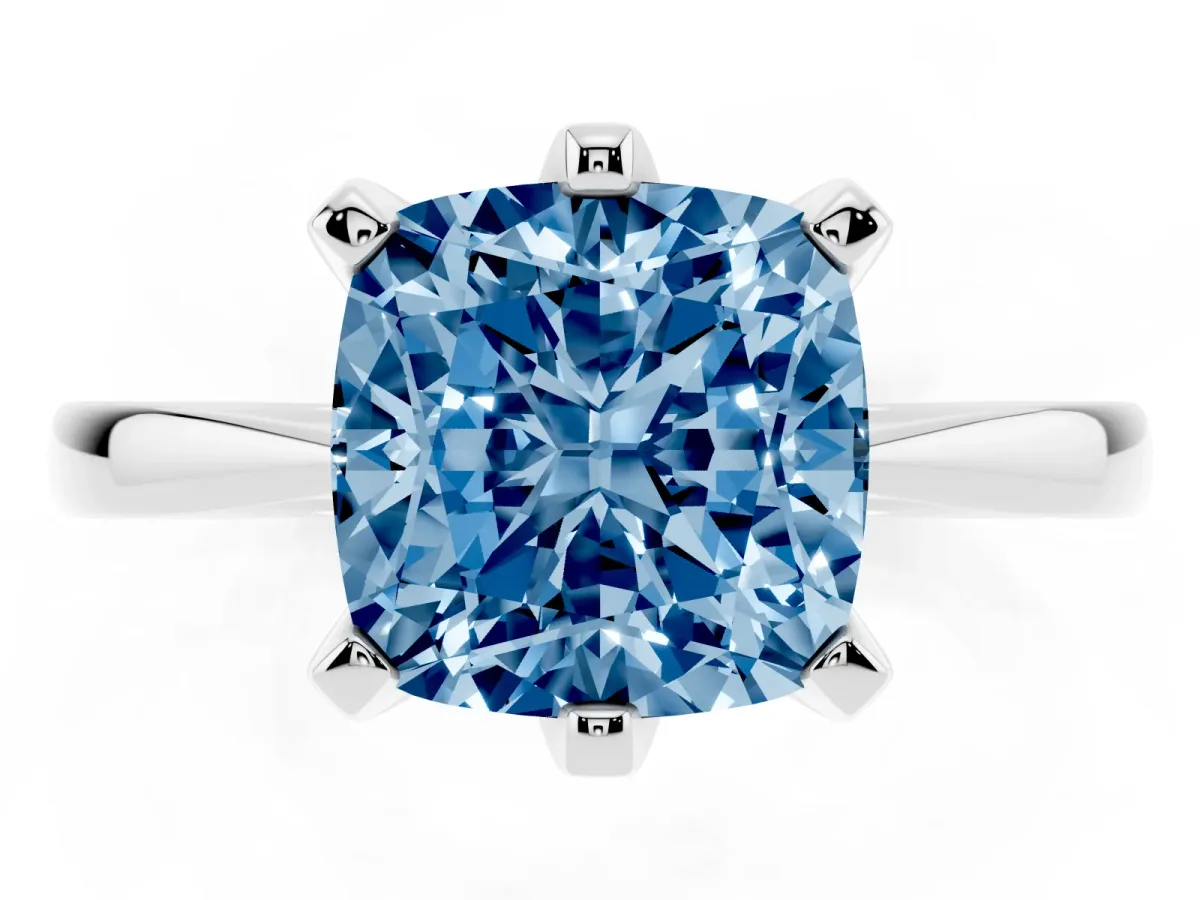 Fancy Blue Cushion Cut Solitaire Engagement Ring with Six-Prong Setting and Tapered Band White gold