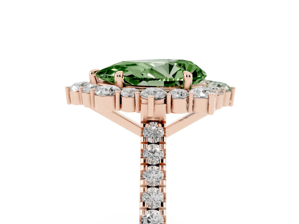 Fancy Green Pear Cut Halo Diamond Ring with Pavé Band and Prong Setting Rose gold