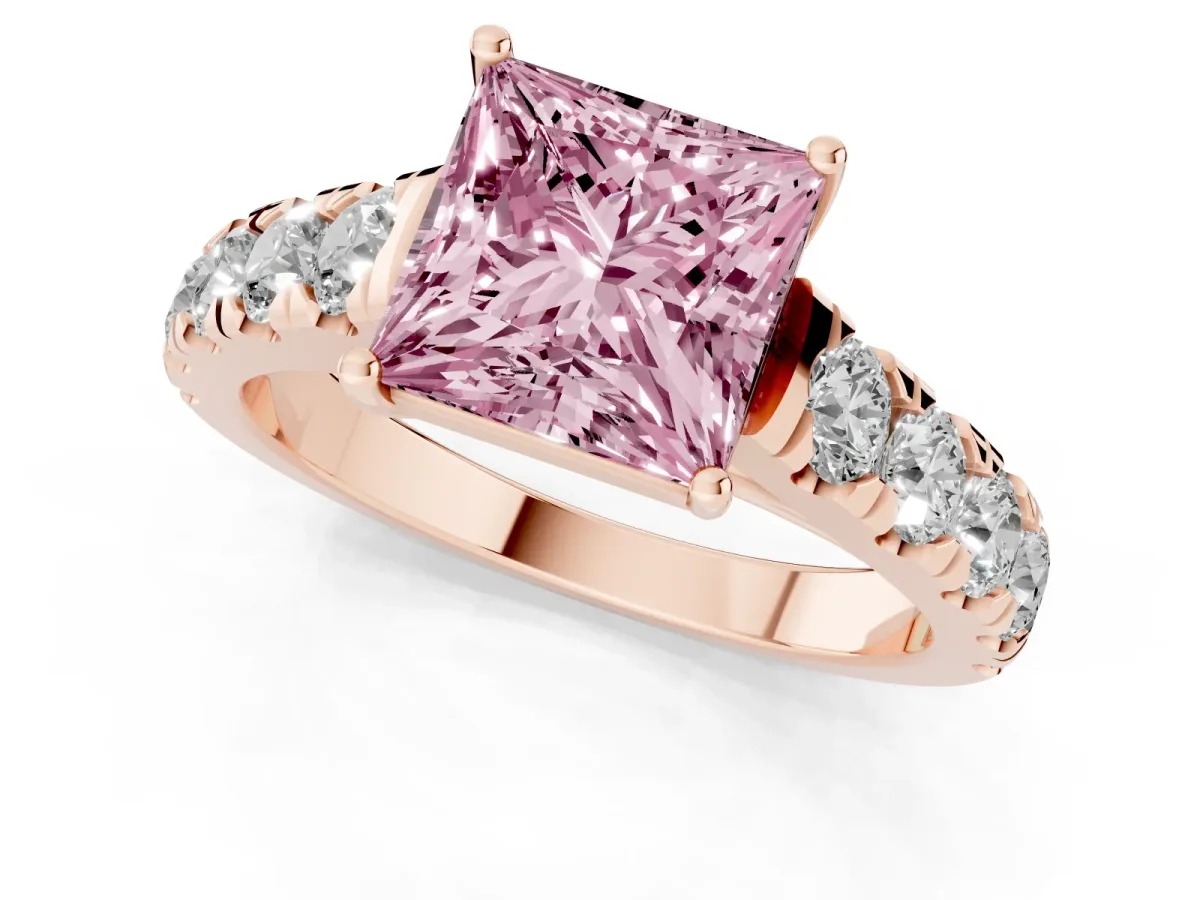 Fancy Pink Princess Cut Cut Diamond Solitaire Ring with Micro Pave Band and Prong Setting Rose gold