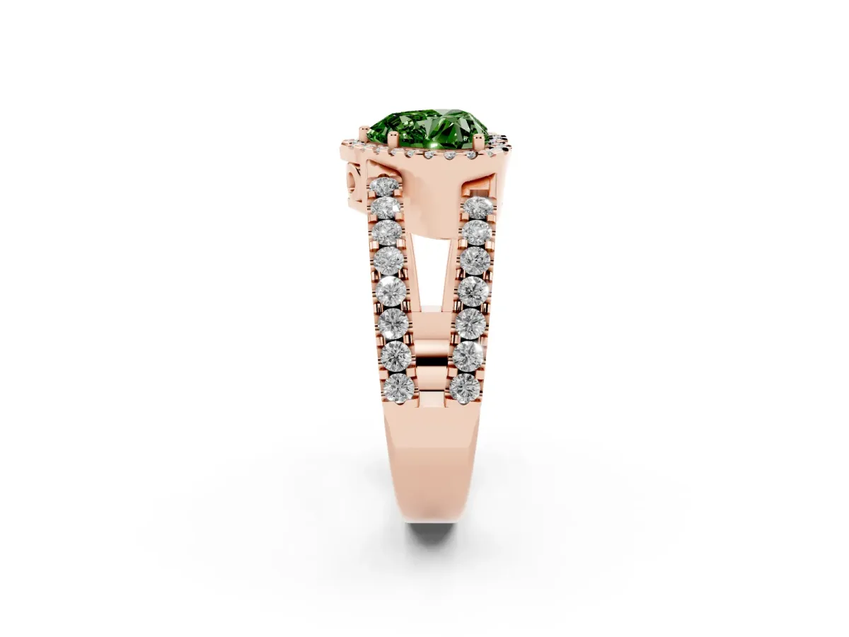 Fancy Green Heart Cut Cut Halo Split Shank Diamond Ring with Four-Prong Setting Rose gold