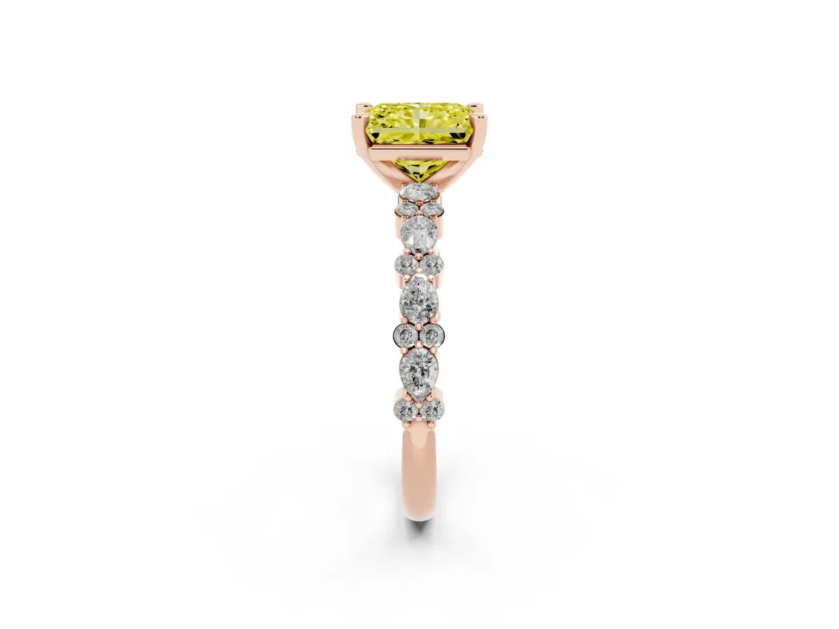 Fancy Yellow Radiant Cut Diamond Side Stone Solitaire Ring with Round and Four-Prong Setting Rose gold