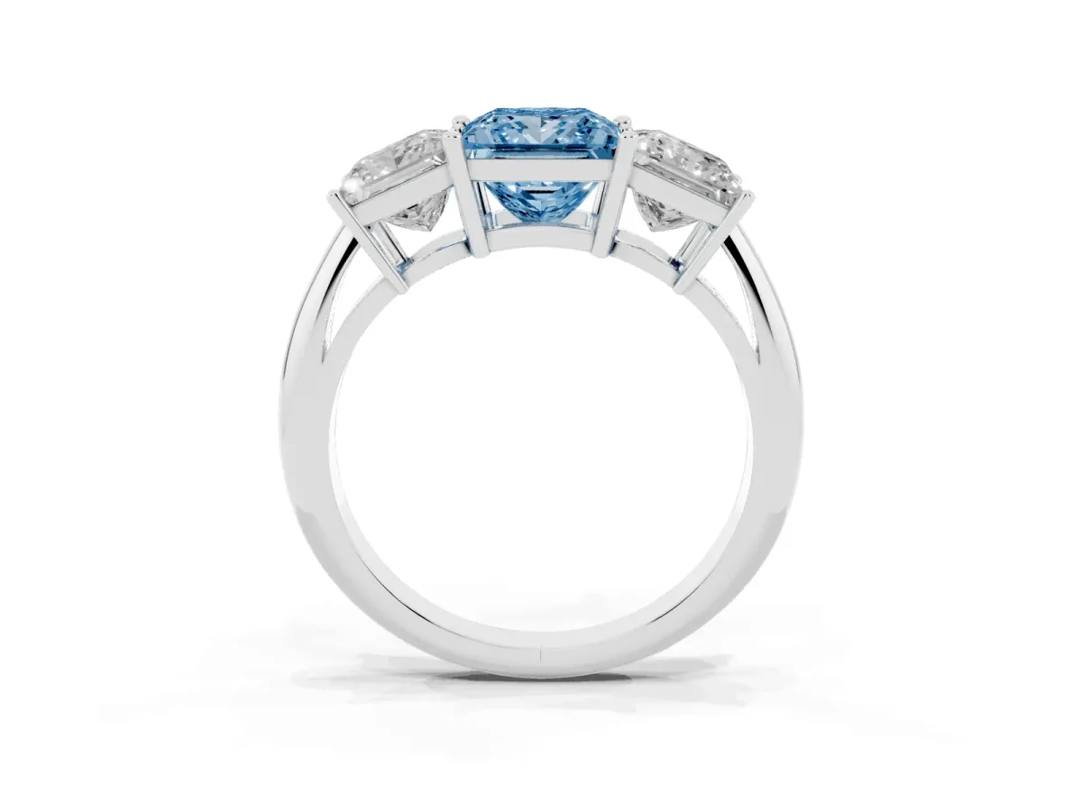 Fancy Blue Three-Stone Princess Cut Cut Diamond Engagement Ring with Prong Setting on a White Gold Band Silver