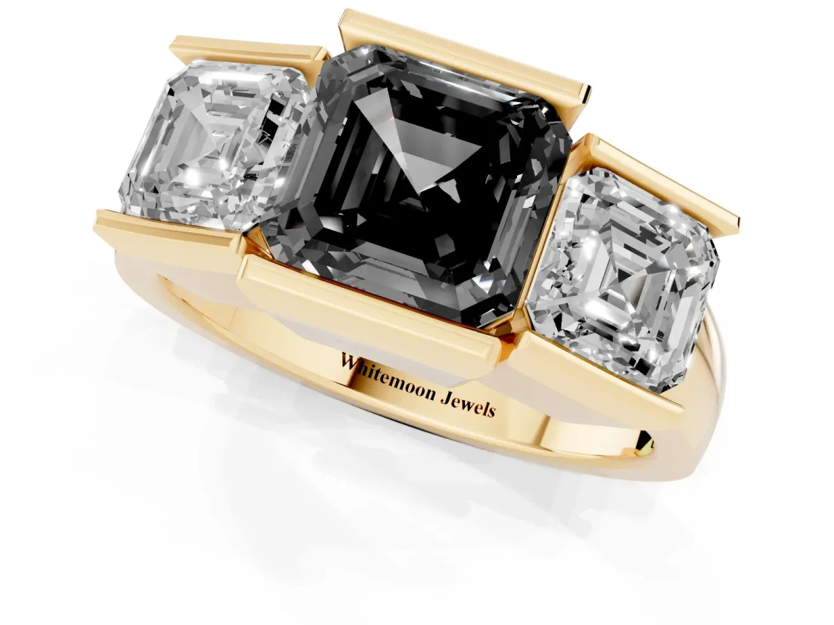 Fancy Black Three Stone Asscher Cut Cut Channel Set Diamond Ring Yellow gold