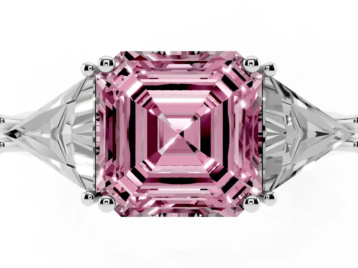 Fancy Pink Three-Stone Asscher Cut Diamond Engagement Ring with Trillion Side Stones and Prong Setting Silver