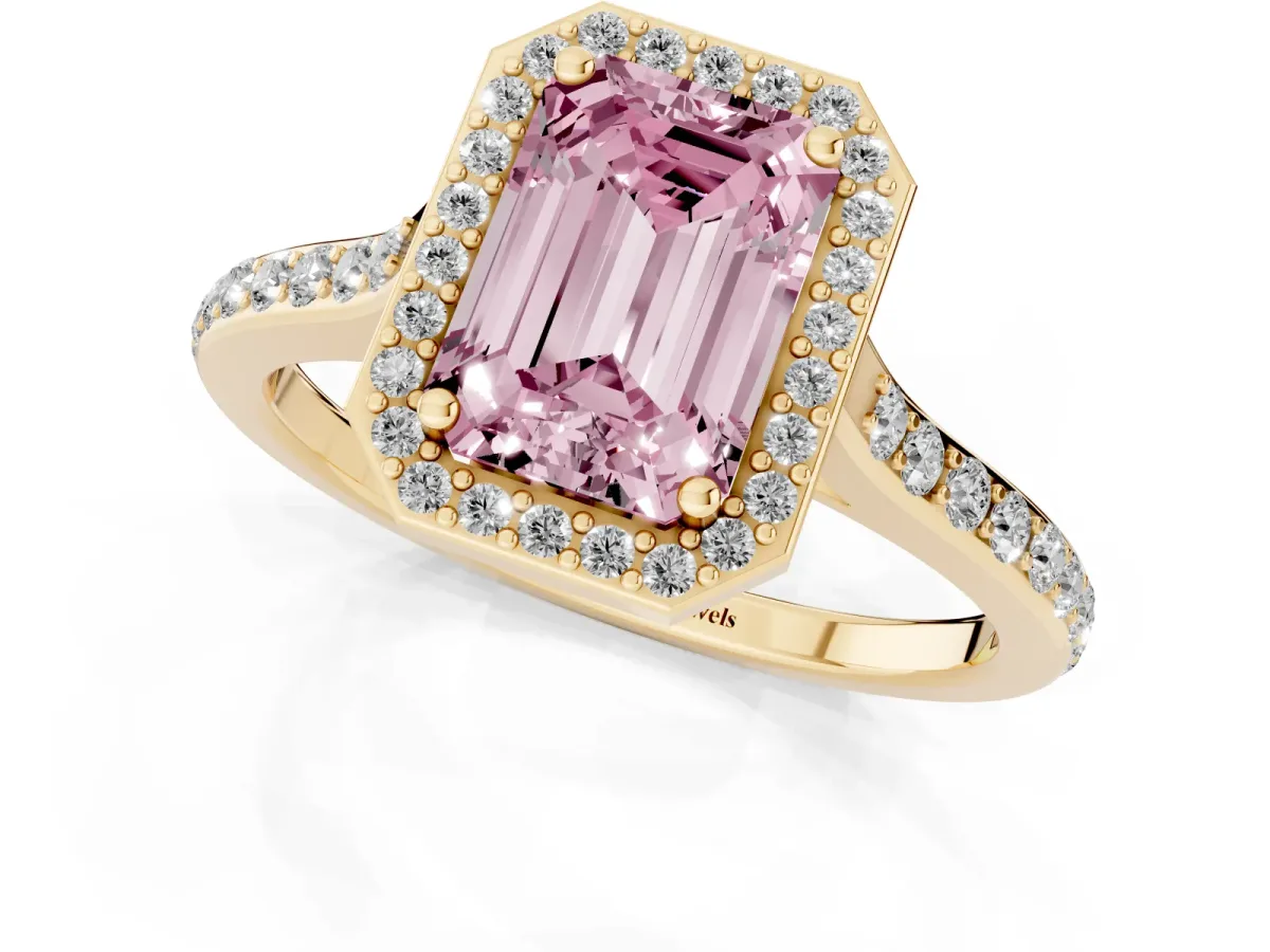 Fancy Pink Emerald Cut Diamond Halo Engagement Ring with Round Pavé Shoulders and Prong Setting Yellow gold