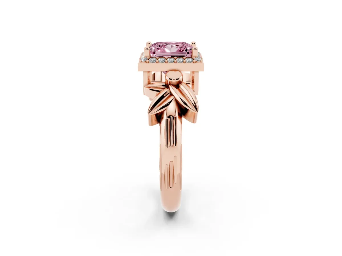 Fancy Pink Princess Cut Halo Diamond Floral Band with Four-Prong Setting Rose gold