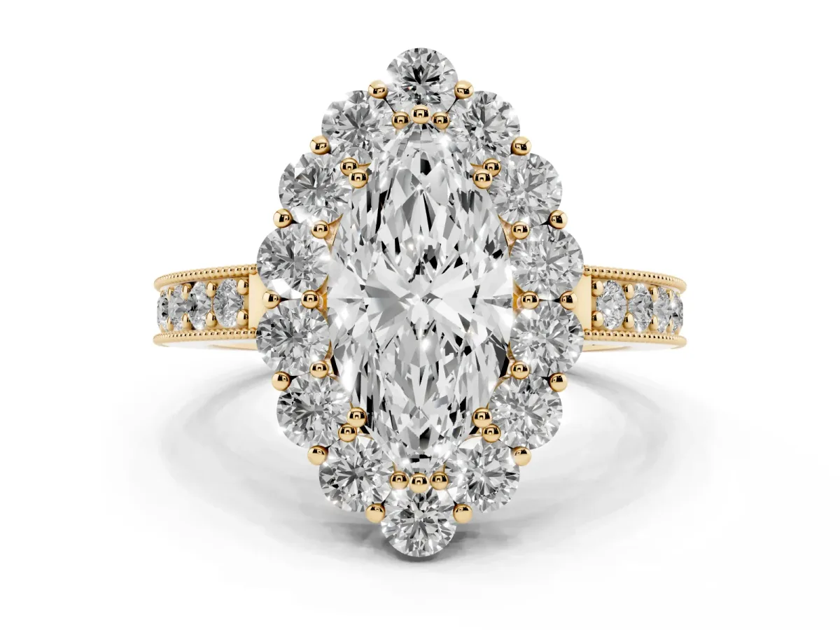 Marquise Cut Cut Halo Diamond Pavé Engagement Ring with Milgrain Detailing Yellow gold