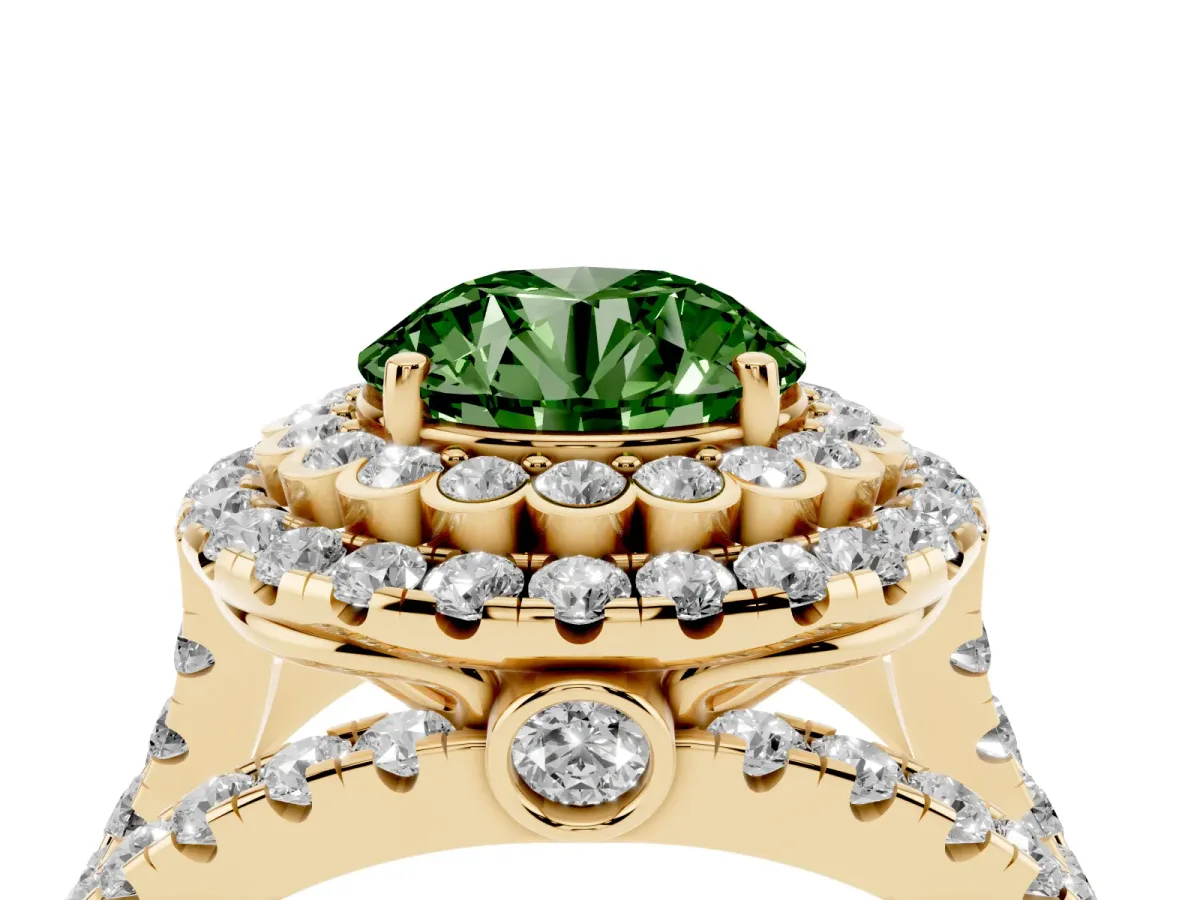 Fancy Green Round Cut Diamond Double Halo Ring with Round Pavé Split Shank and Prong Setting Yellow gold