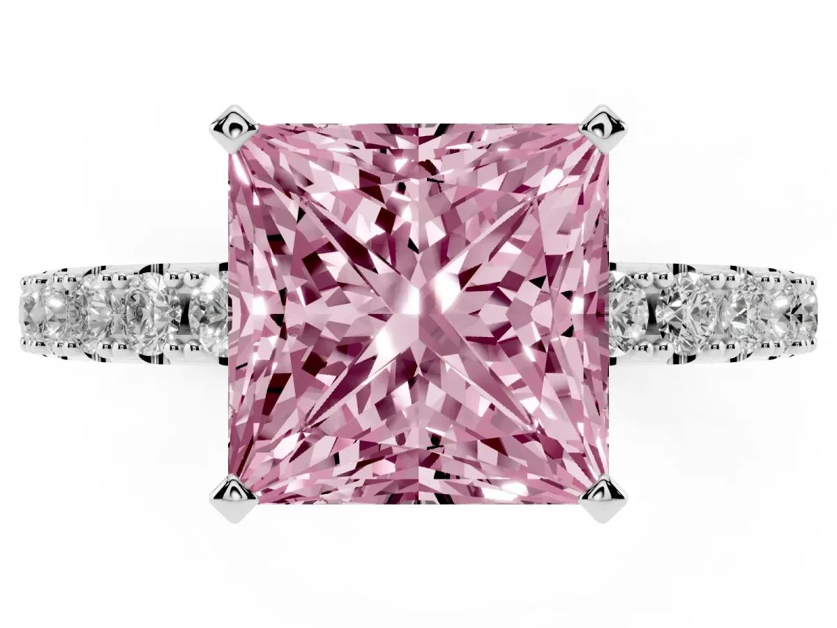 Fancy Pink Princess Cut Diamond Solitaire Pavé Band with Four-Prong Setting Silver