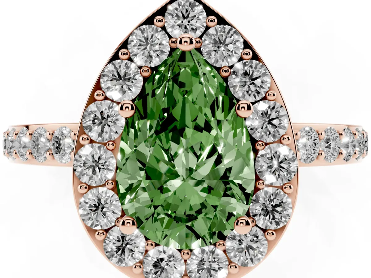 Fancy Green Pear Cut Halo Diamond Pavé Band Ring with Prong Setting Rose gold