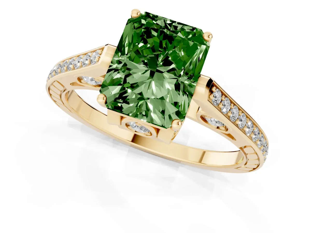 Fancy Green Radiant Cut Cut Cathedral Pave Diamond Engagement Ring with Six-Prong Setting Yellow gold