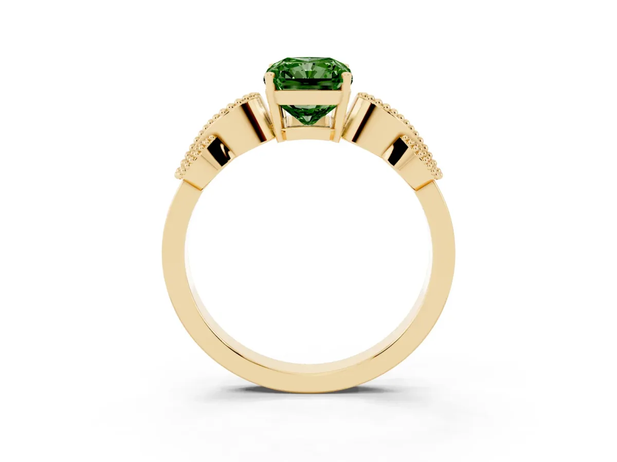 Fancy Green Princess Cut Solitaire Milgrain Leaf Band with Prong Setting Yellow gold