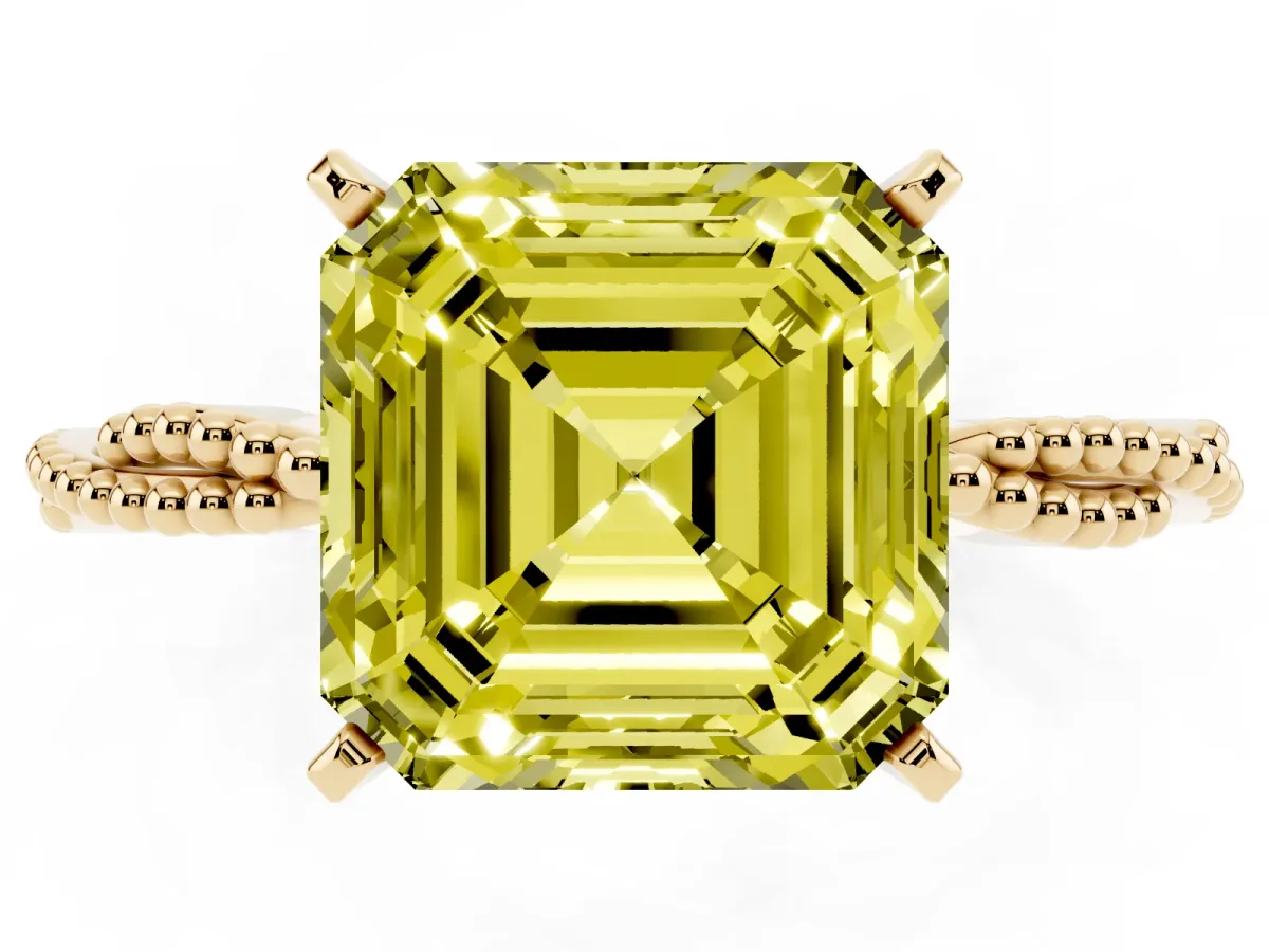Fancy Yellow Asscher Cut Solitaire Twisted Band with Bead Prong Setting Yellow gold