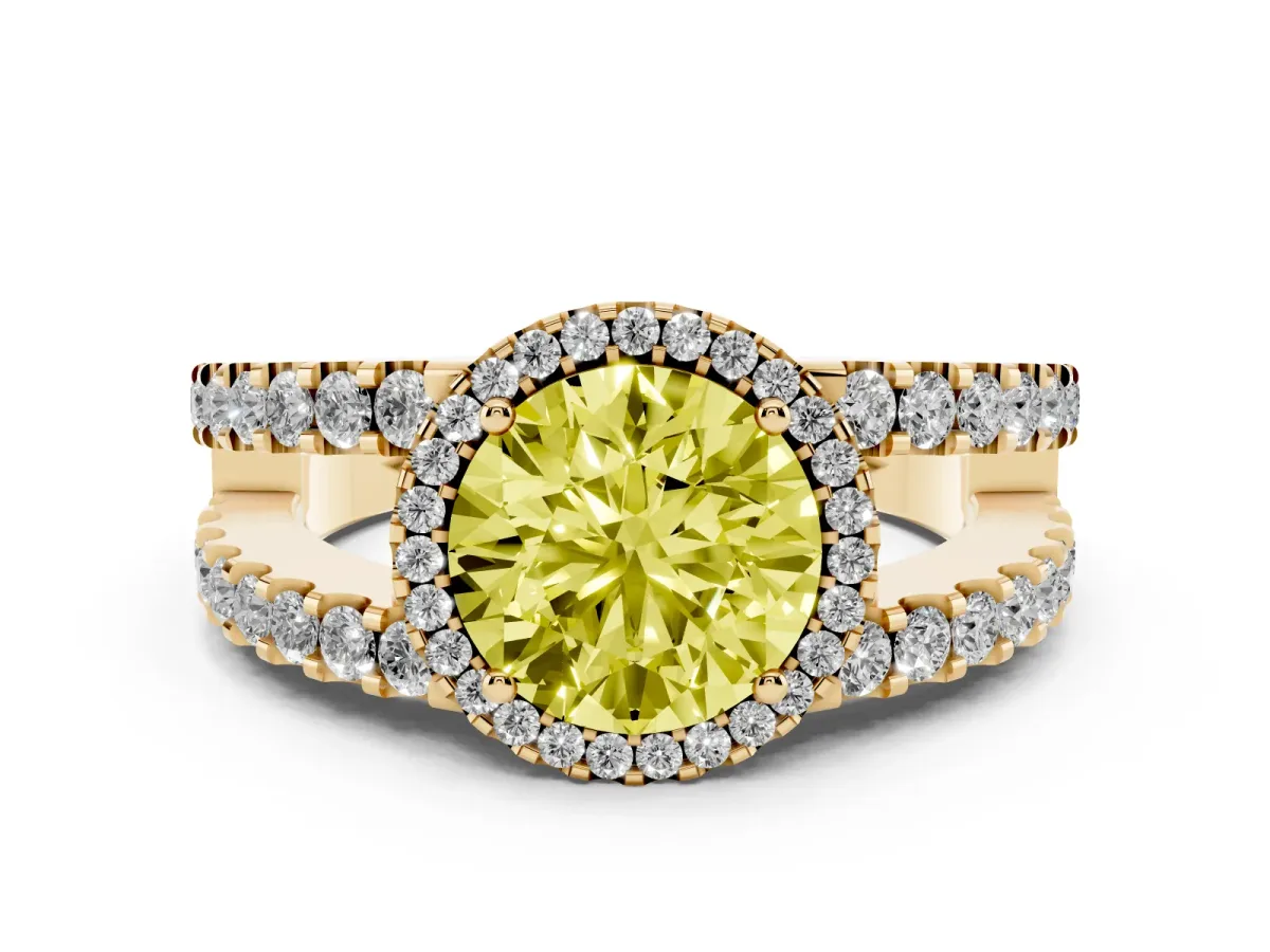 Fancy Yellow Round Cut Cut Halo Split Shank Diamond Ring with Four-Prong Setting Yellow gold