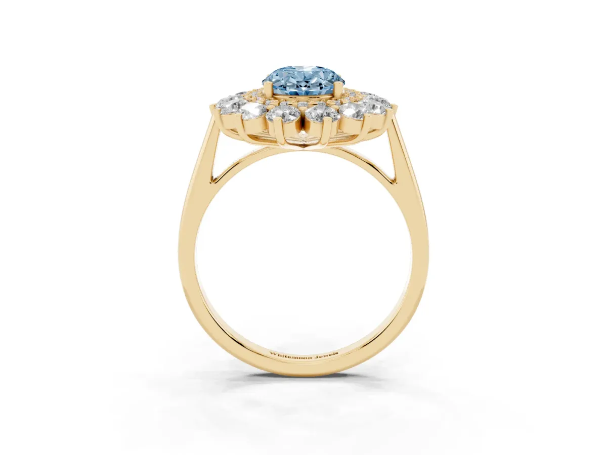 Fancy Blue Oval Cut Diamond Floral Double Halo Engagement Ring with Prong Setting Yellow gold