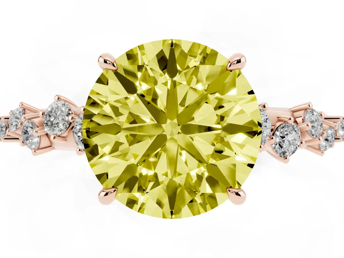 Fancy Yellow Round Cut Diamond Cluster Side Stone Solitaire Ring with Prong Setting Rose gold