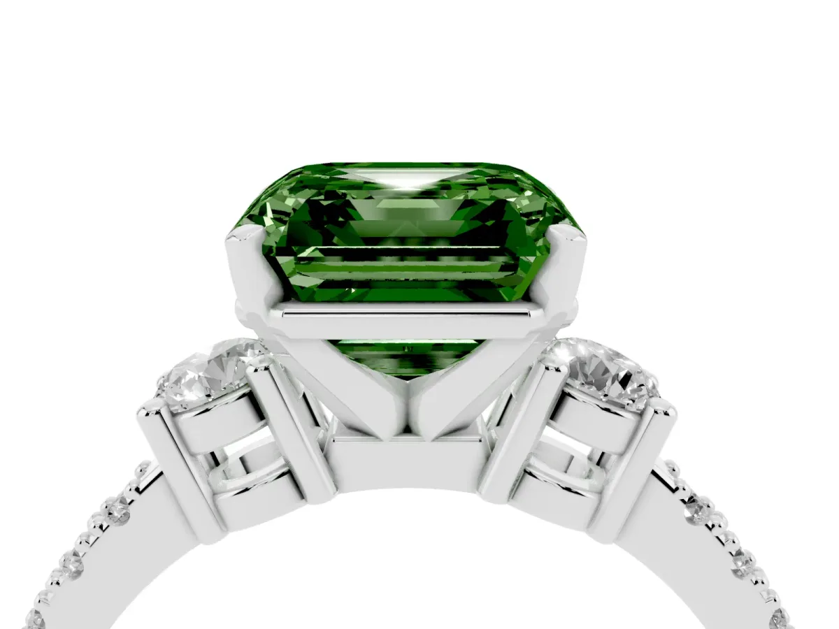 Fancy Green Asscher Cut Three-Stone Diamond Pavé Band with Prong Setting Silver