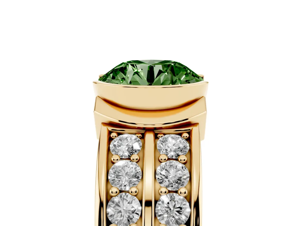 Fancy Green Round Cut Brilliant Diamond Channel Set Wide Band Ring with Bezel Setting Yellow gold