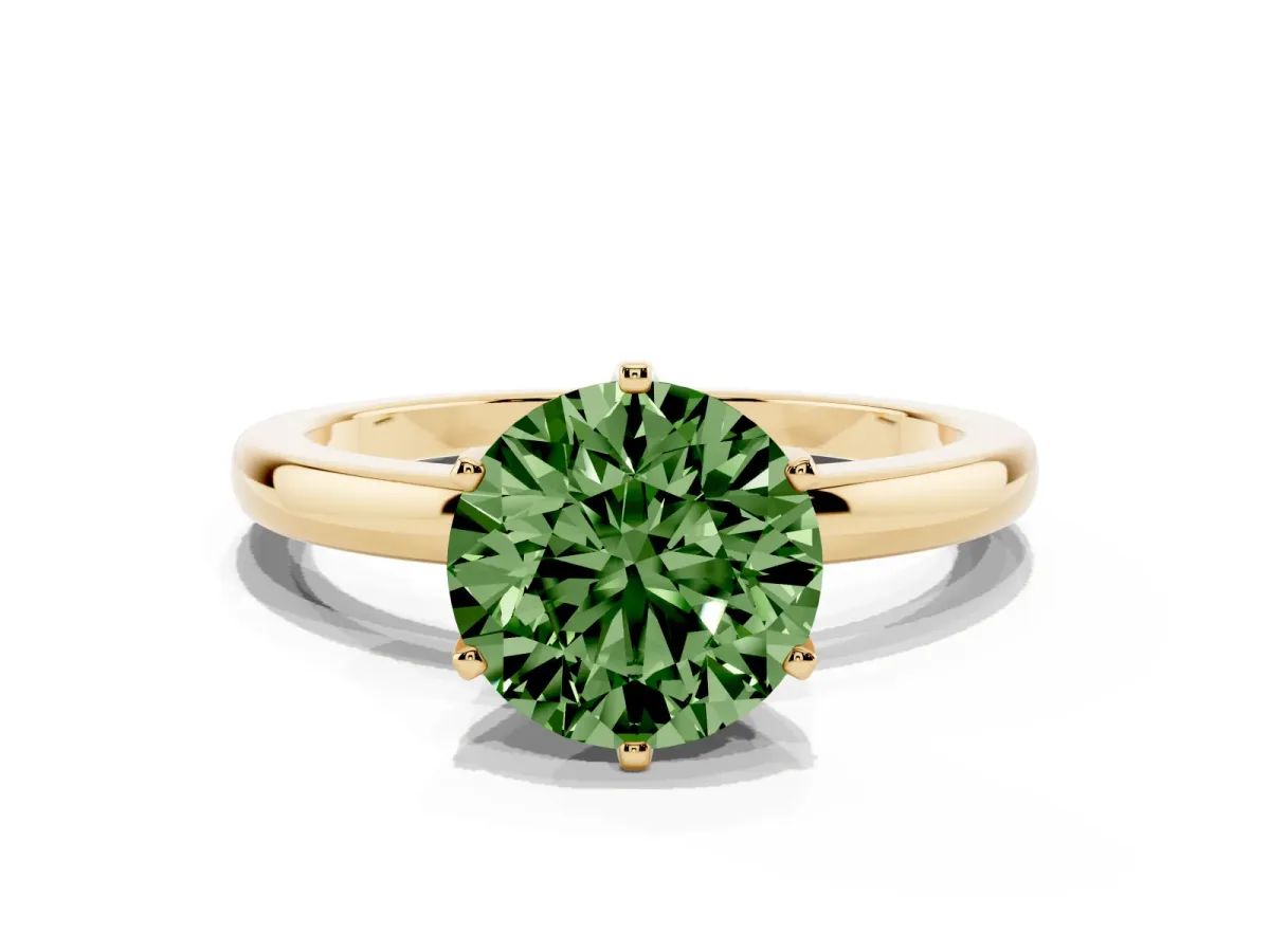 Fancy Green Round Cut Solitaire Diamond Ring with Six-Prong Setting on a Classic Band Yellow gold