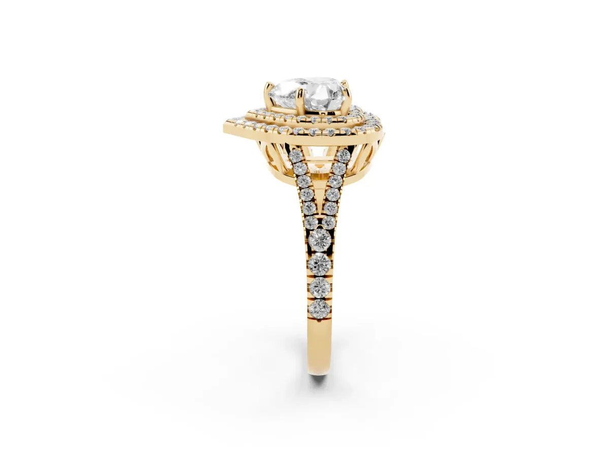 Heart Cut Diamond Double Halo Ring with Pavé Band and Prong Setting Yellow gold