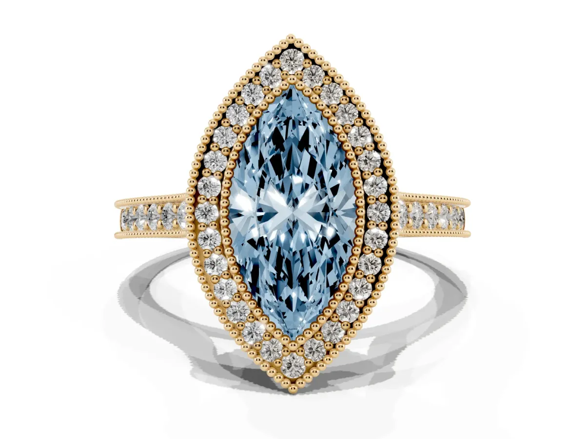 Fancy Blue Halo Marquise Cut-Cut Diamond Pave Band Milgrain Prong Setting Ring Yellow gold