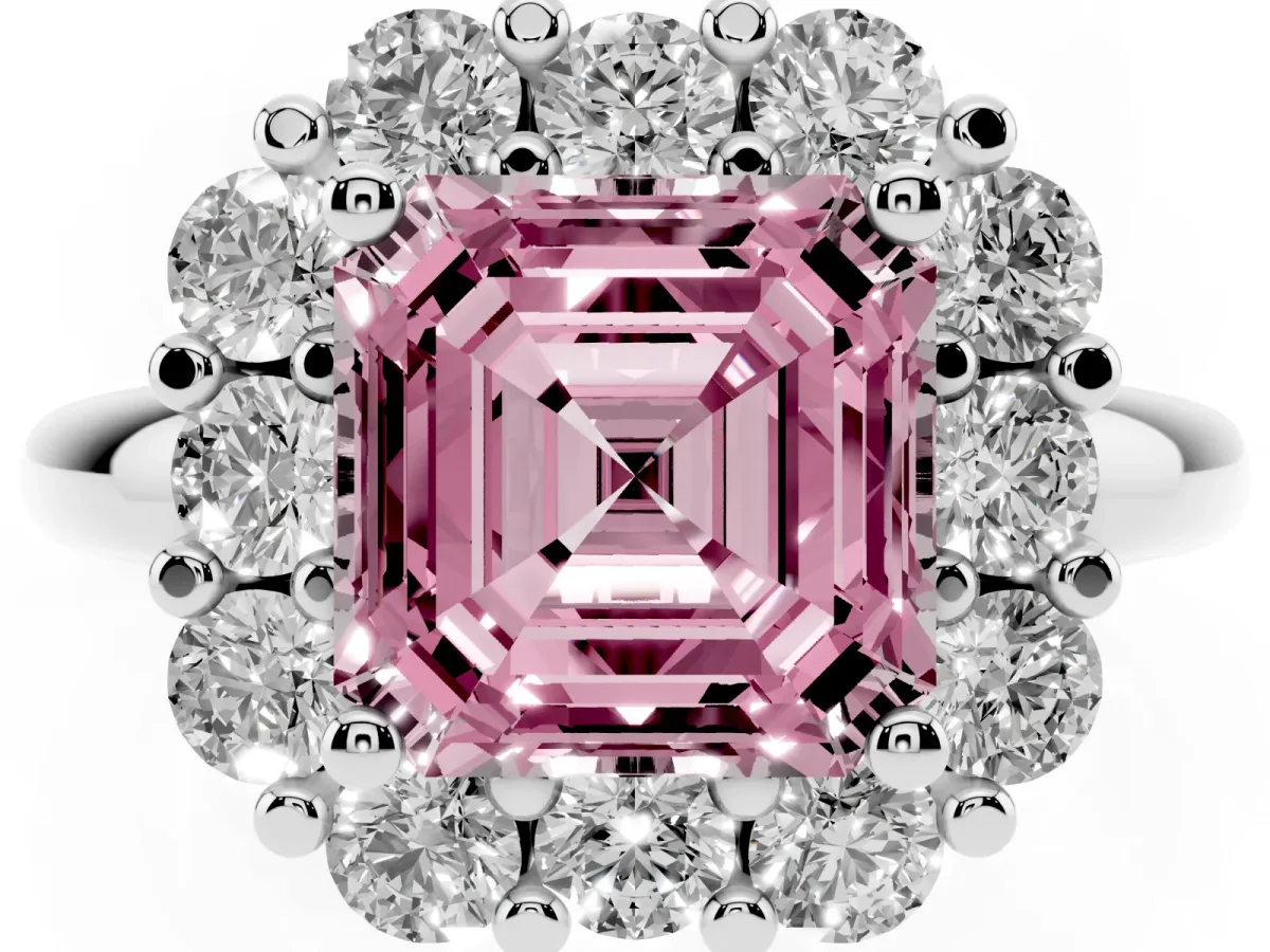 Fancy Pink Asscher Cut Halo Cluster Diamond Engagement Ring with Prong Setting and Polished Band White gold