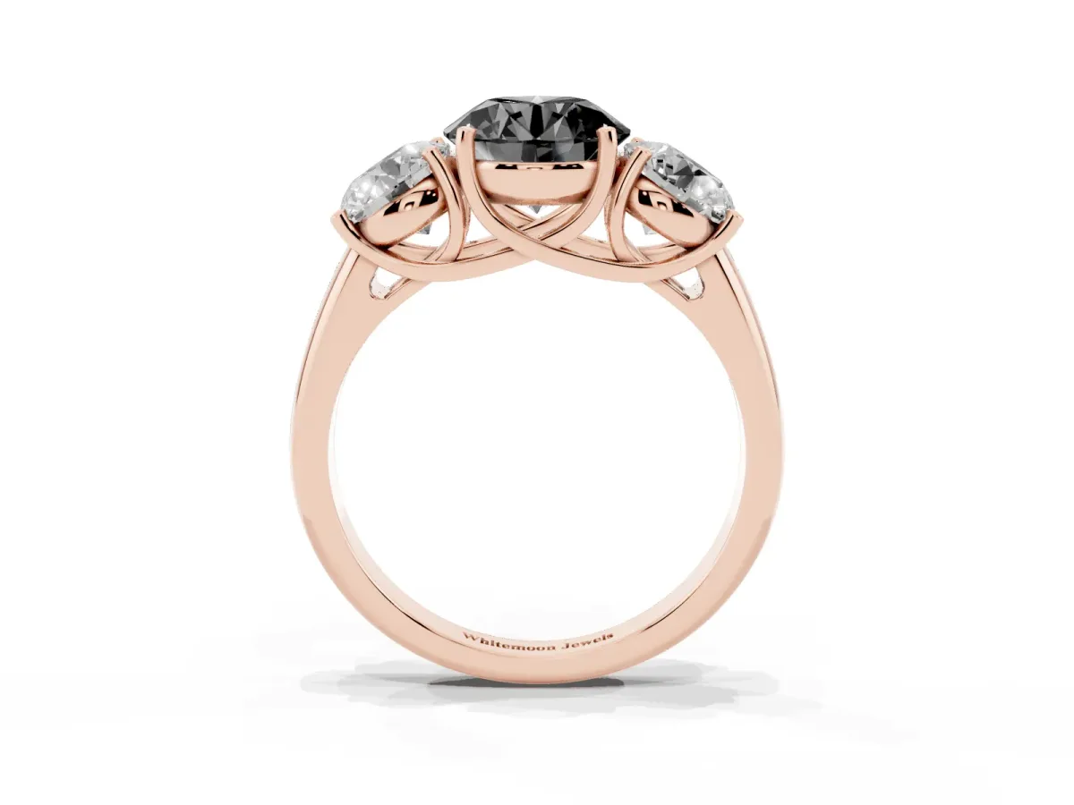 Fancy Black Three-Stone Round Cut Diamond Engagement Ring with Prong Setting Rose gold