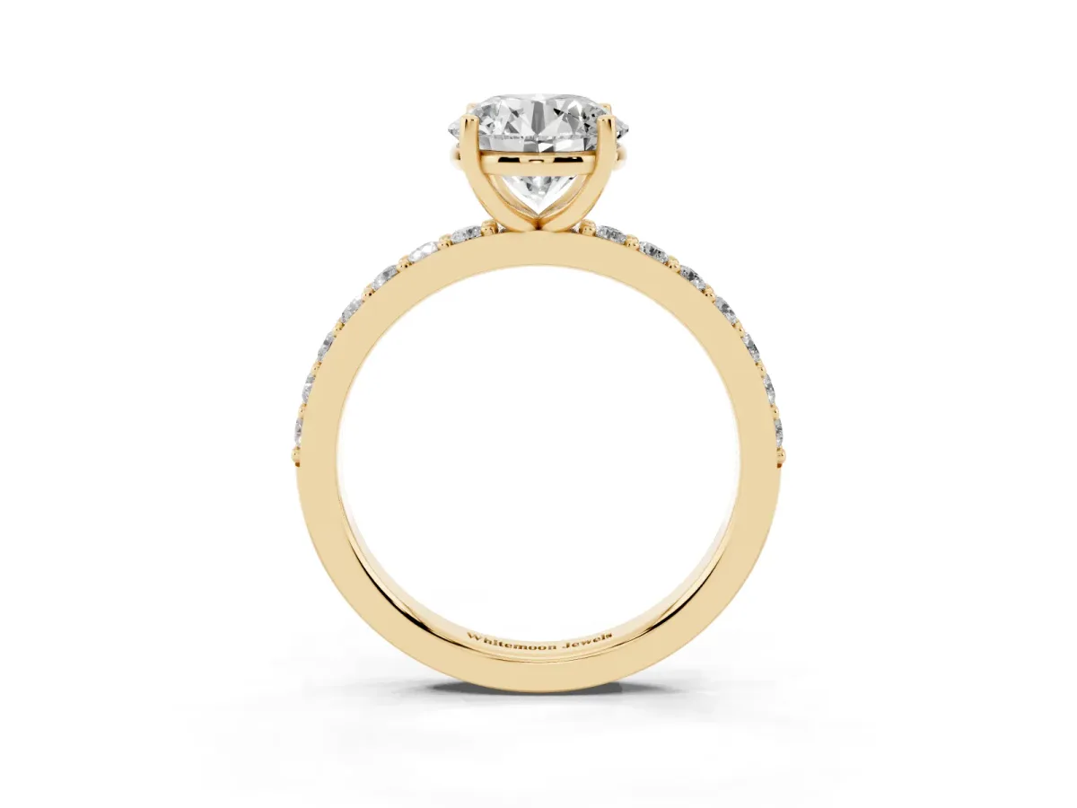 Round Cut Cut Diamond Solitaire with Pave Band and Four-Prong Setting Yellow gold