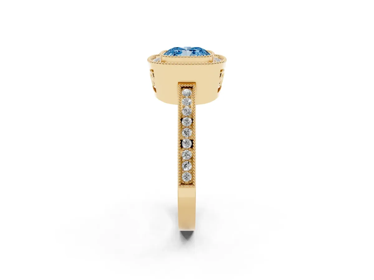 Fancy Blue Cushion Cut Cut Halo Diamond Ring with Pavé Band and Milgrain Prong Setting Yellow gold