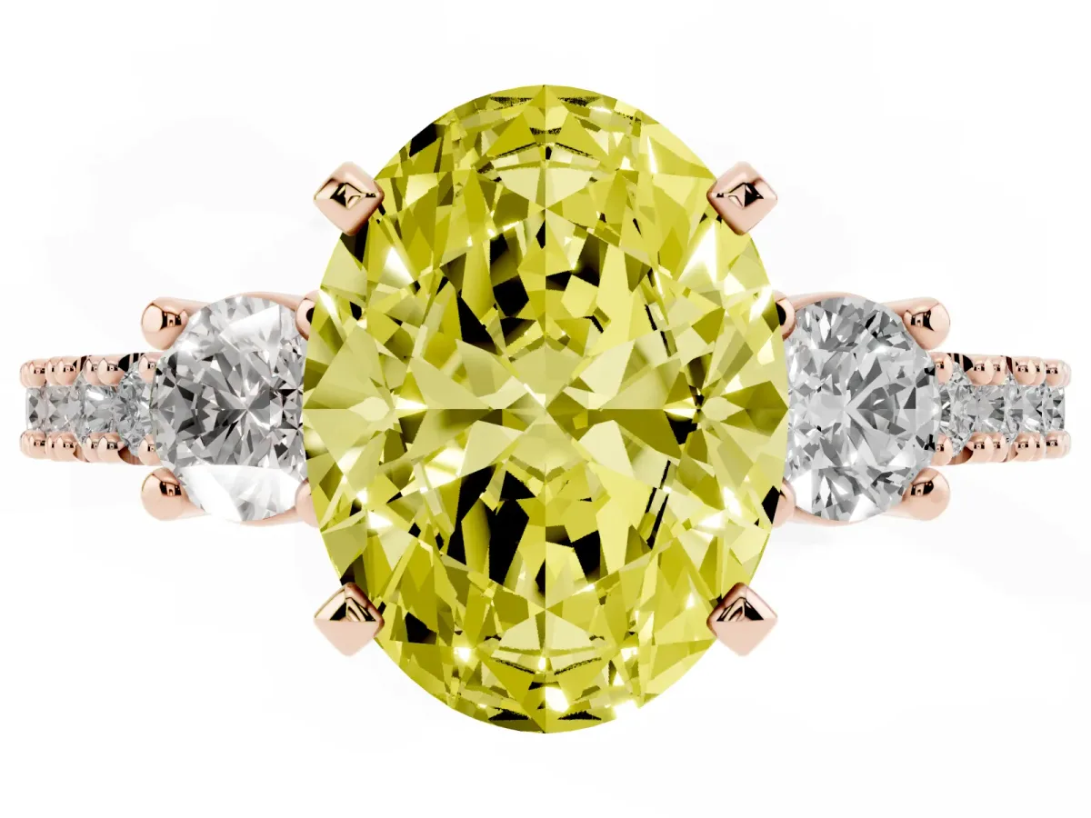 Fancy Yellow Oval Cut Three-Stone Diamond Pavé Band with Prong Setting Rose gold