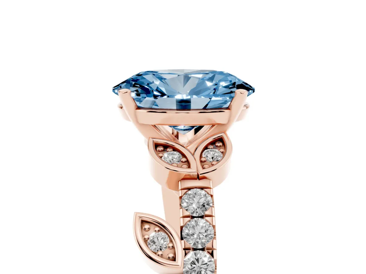 Fancy Blue Oval Cut Solitaire Leaf-Inspired Diamond Ring with Pavé Band and Four-Prong Setting Rose gold