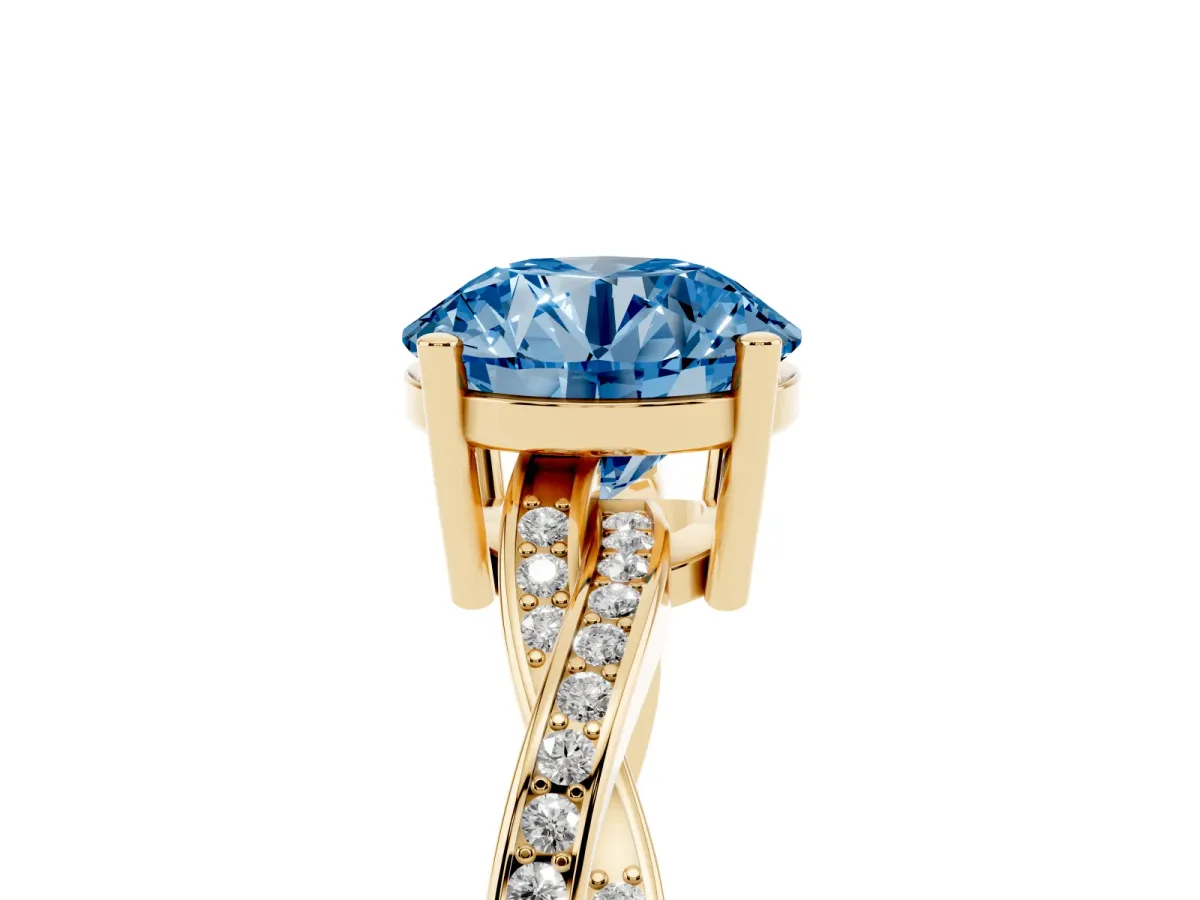Fancy Blue Round Cut Solitaire Twisted Pave Diamond Ring with Four-Prong Setting Yellow gold