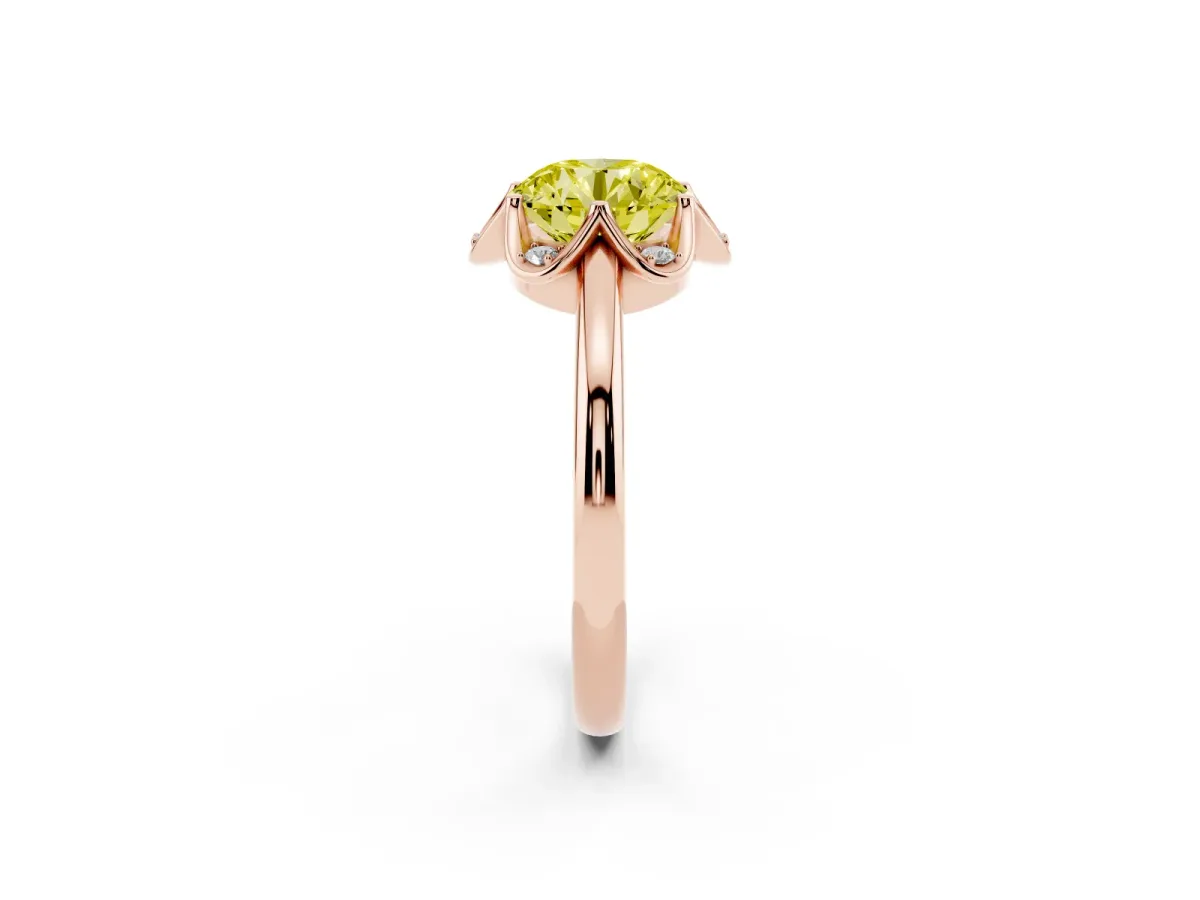 Fancy Yellow Round Cut Halo Diamond Ring with Round Cluster Setting, Solitaire Band, and Four-Prong Setting Rose gold