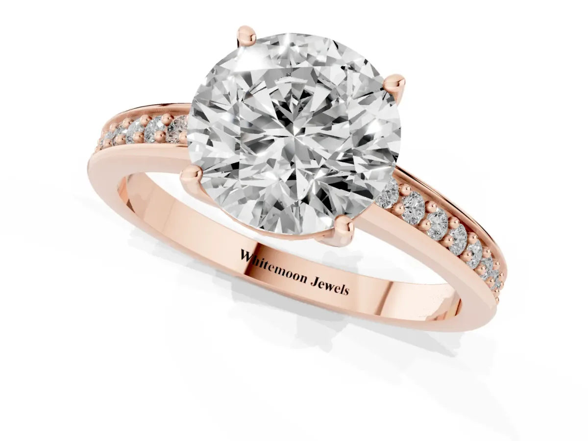 Round Cut Solitaire Pavé Band Prong Setting Ring Rose gold