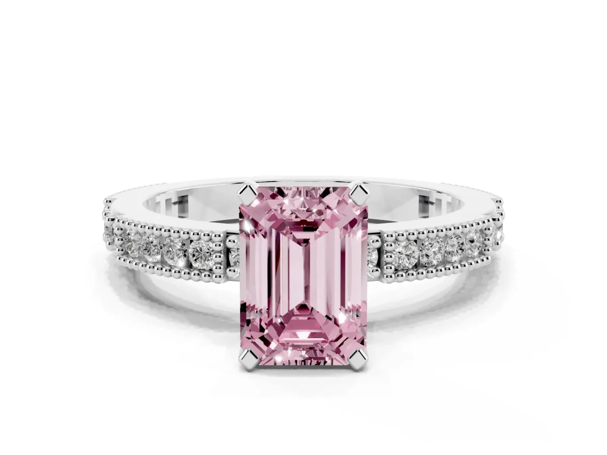 Fancy Pink Emerald Cut Solitaire with Pavé Band and Four-Prong Setting Silver