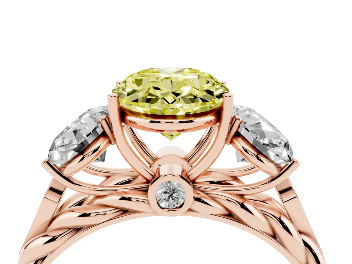 Fancy Yellow Three-Stone Oval Cut Diamond Braided Band Ring with Four-Prong Setting Rose gold