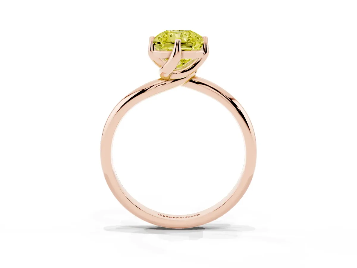 Fancy Yellow Radiant Cut Diamond Solitaire Engagement Ring with Four-Prong Setting and Classic Band Rose gold