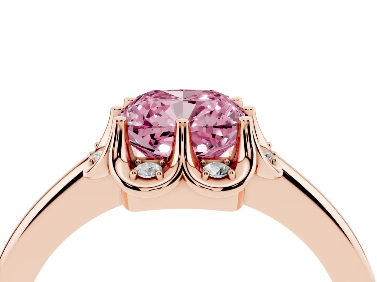 Fancy Pink Cushion Cut Halo Diamond Ring with Round Cluster Setting, Solitaire Band, and Four-Prong Setting Rose gold