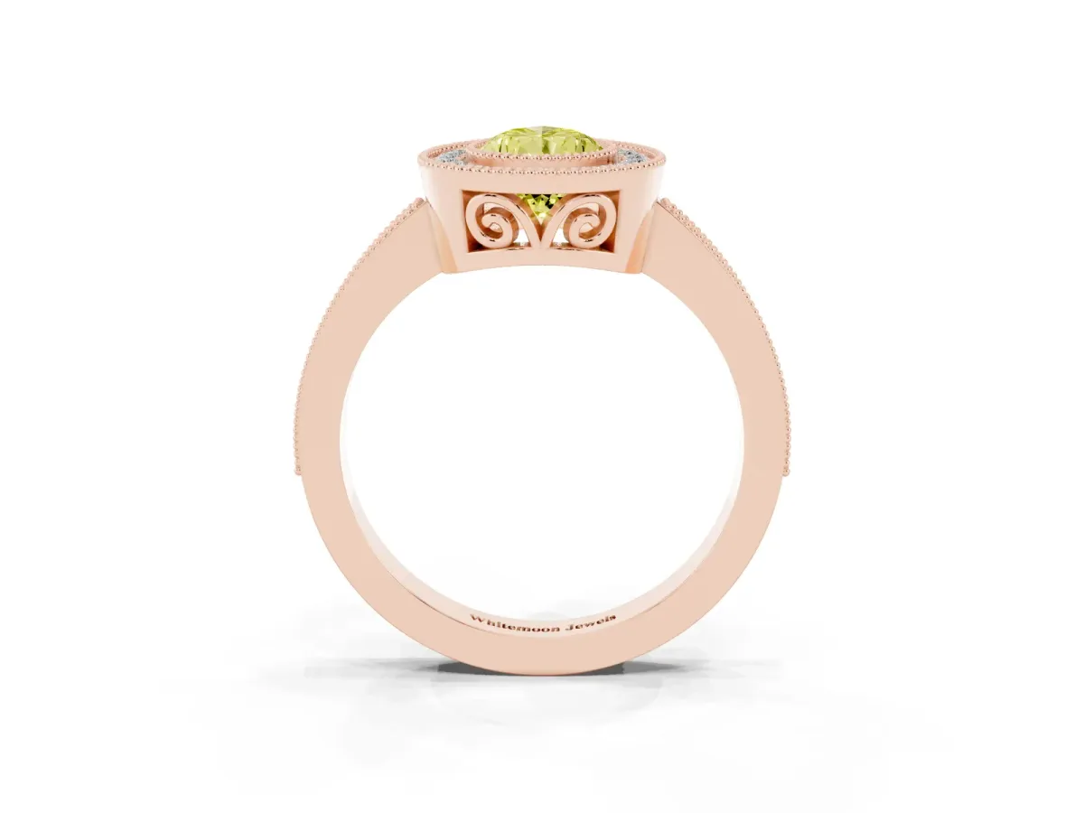 Fancy Yellow Pear Cut Cut Halo Diamond Ring with Pavé Band and Milgrain Prong Setting Rose gold