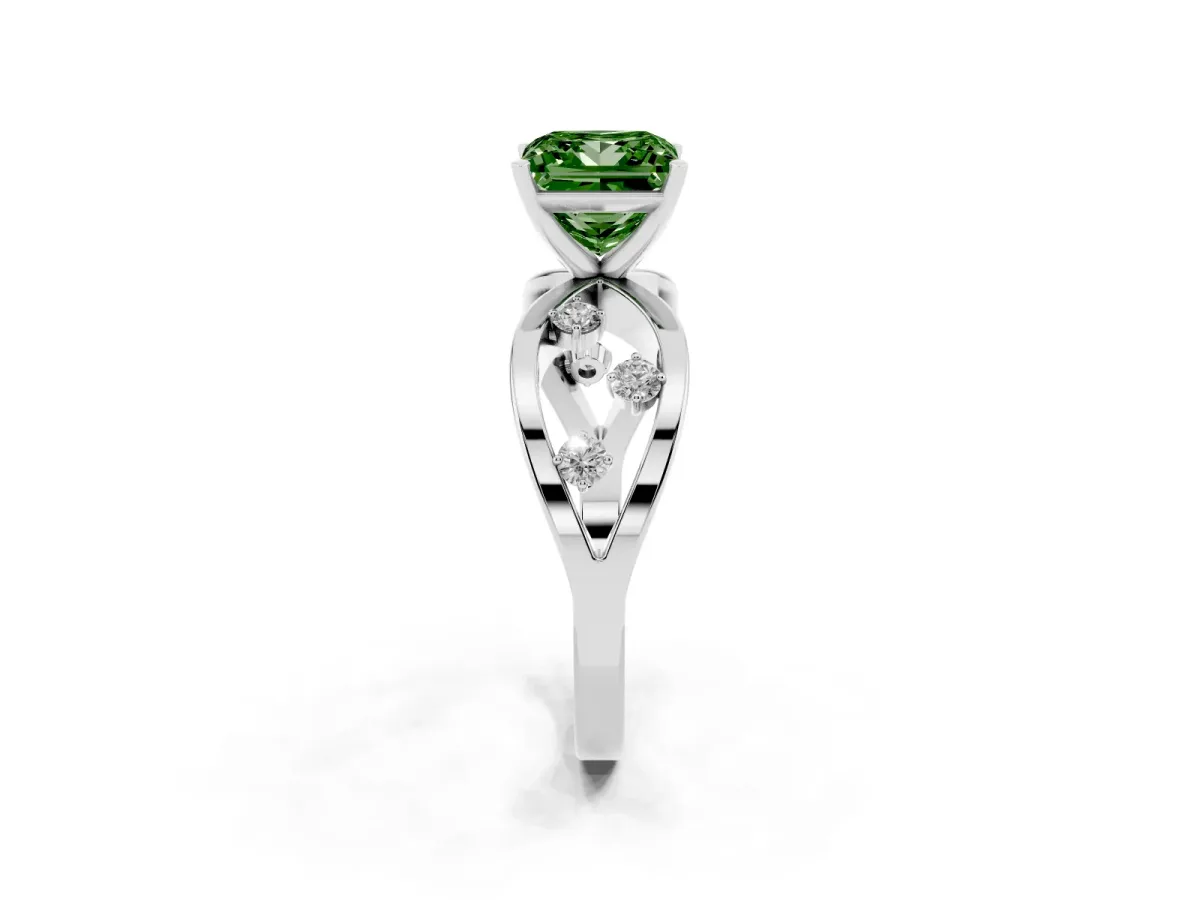 Fancy Green Princess Cut Cut Solitaire Diamond with Side Stones on Criss-Cross Band and Four-Prong Setting Silver