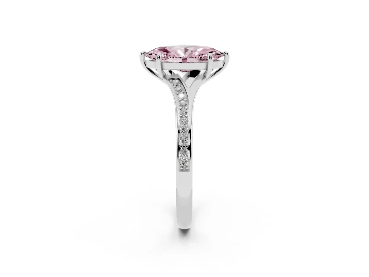 Fancy Pink Marquise Cut Diamond Solitaire Ring with Pavé Band and Prong Setting Silver