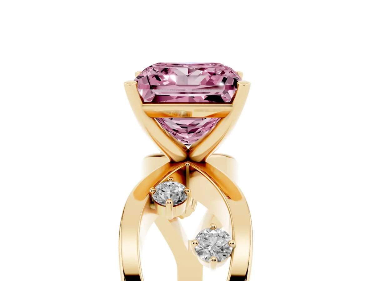 Fancy Pink Princess Cut Cut Solitaire Diamond with Side Stones on Criss-Cross Band and Four-Prong Setting Yellow gold