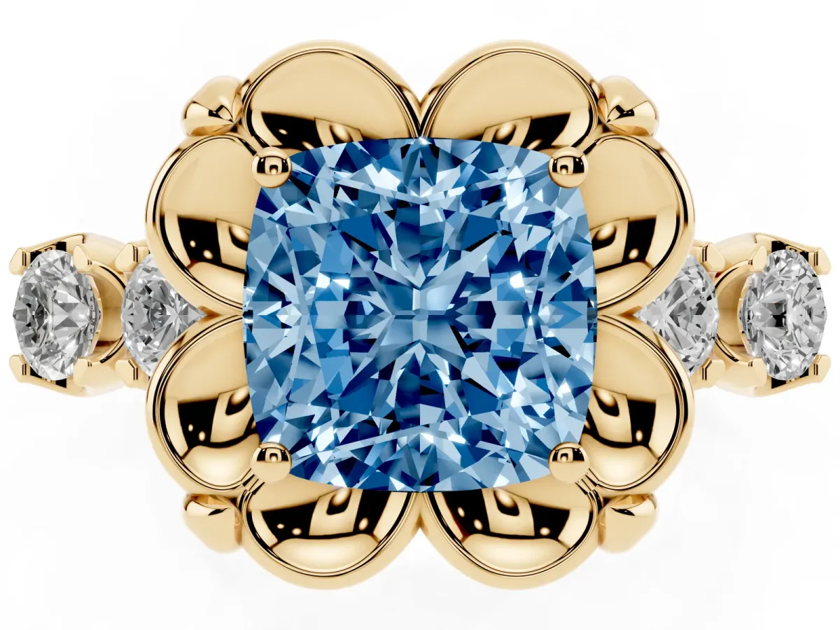 Fancy Blue Cushion Cut Cut Diamond Floral Halo Engagement Ring with Shared Prong Setting Yellow gold