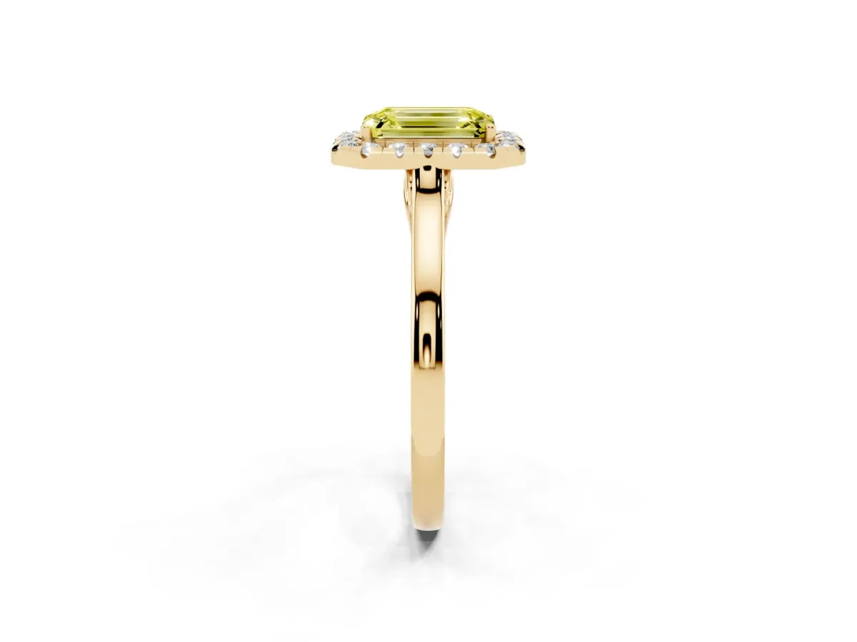 Fancy Yellow Emerald Cut Halo Round Diamond Solitaire Ring with Pavé Band and Four-Prong Setting Yellow gold