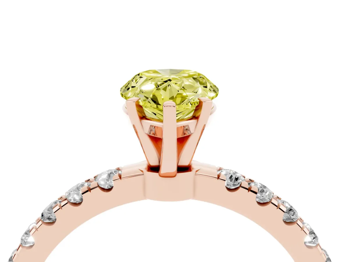 Fancy Yellow Pear Cut Diamond Solitaire Ring with Pavé Accents and Four-Prong Setting Rose gold