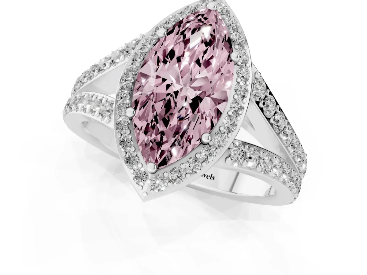 Fancy Pink Marquise Cut Diamond Split Shank Halo Ring with Four-Prong Setting Platinum
