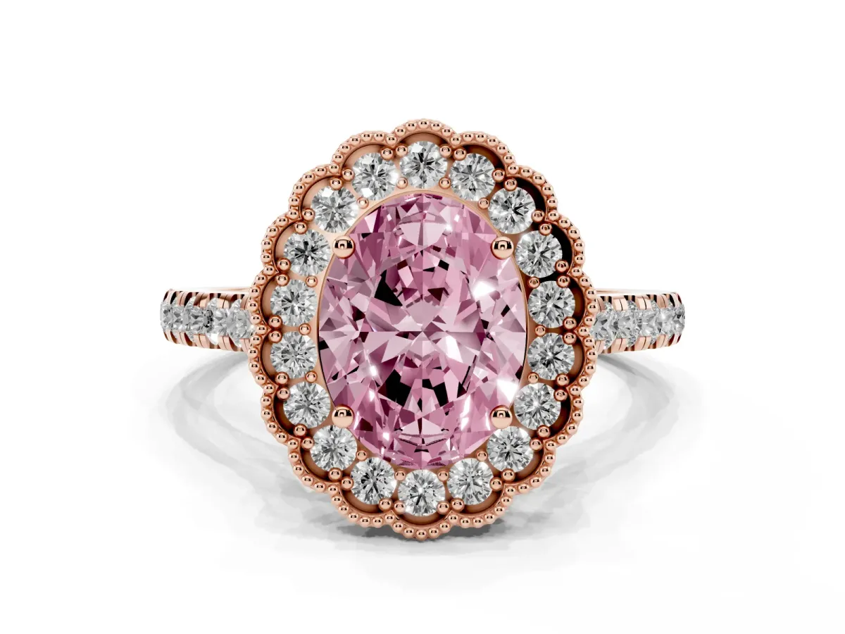 Fancy Pink Oval Cut Cut Diamond Milgrain Floral Halo Engagement Ring with Pavé Band Rose gold