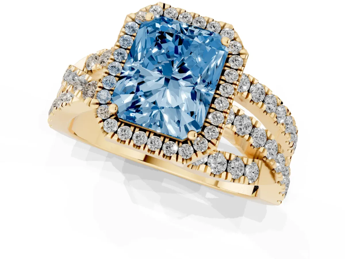Fancy Blue Radiant Cut Diamond Halo Ring with Round Split Shank and Prong Setting Yellow gold