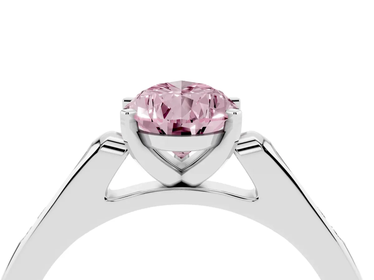 Fancy Pink Pear Cut Diamond Solitaire Ring with Channel Set Round Band and Prong Setting Silver