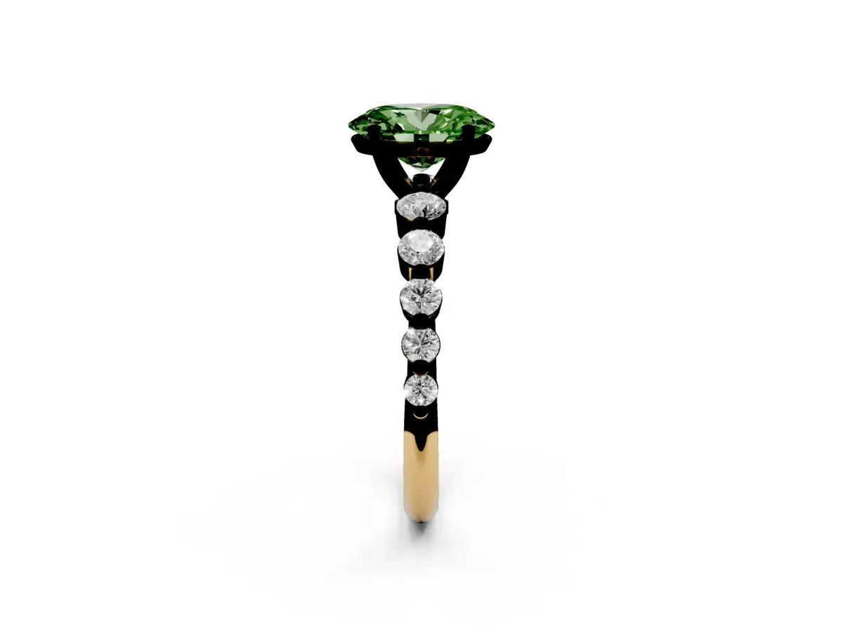 Fancy Green Oval Cut Solitaire Diamond Ring with Pave Band and Four-Prong Setting Yellow gold